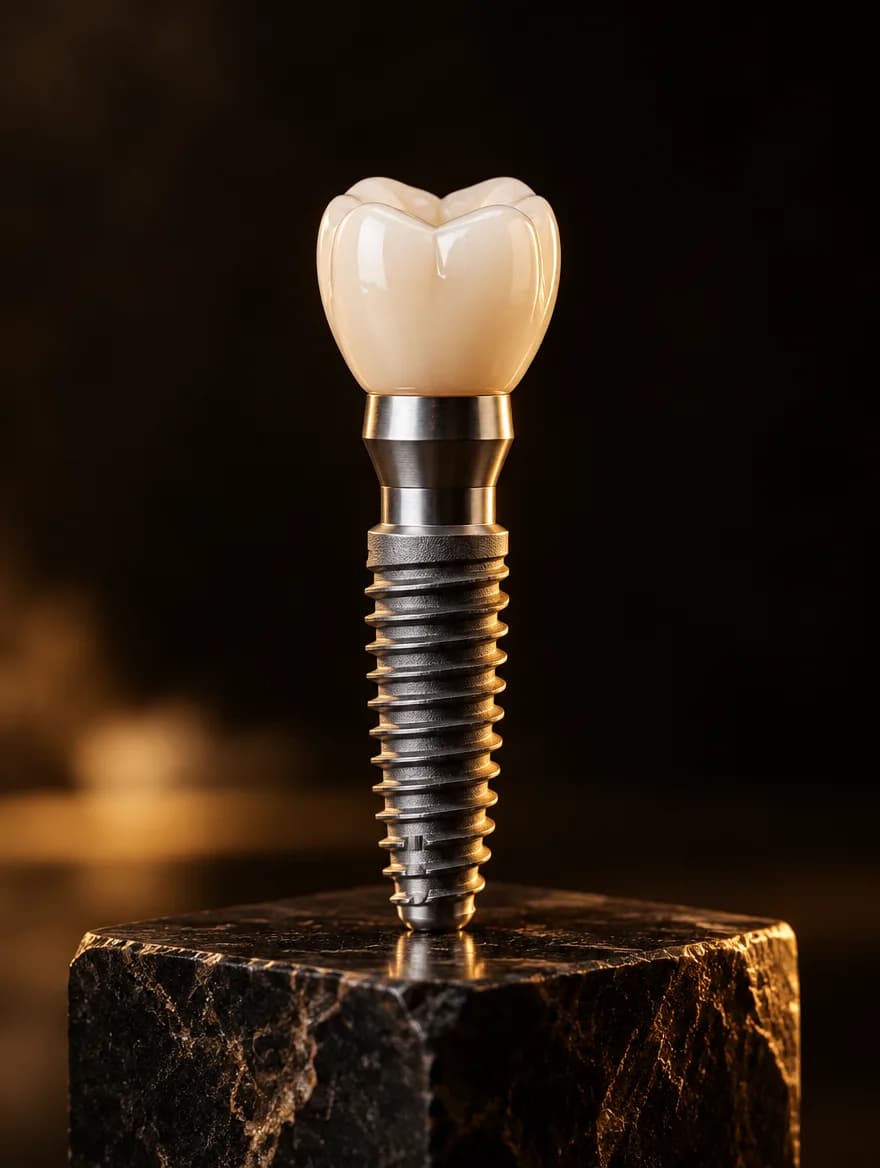 Implante dentário de titânio com coroa de cerâmica sobre pedestal de pedra