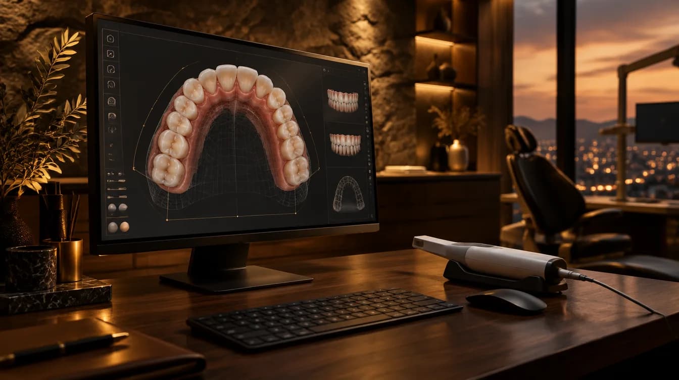 Planejamento digital do sorriso em um monitor de consultório